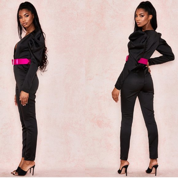 House of CB ‘Escalia’ Black Stretch Satin Jumpsuit NWOT